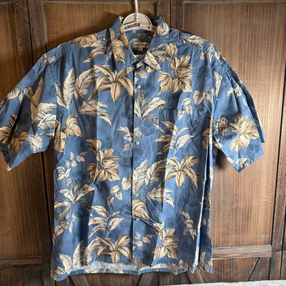 Pierre Cardin Men’s XL Blue Tropical Leaf Hawaiian Short Sleeve Button Shirt
